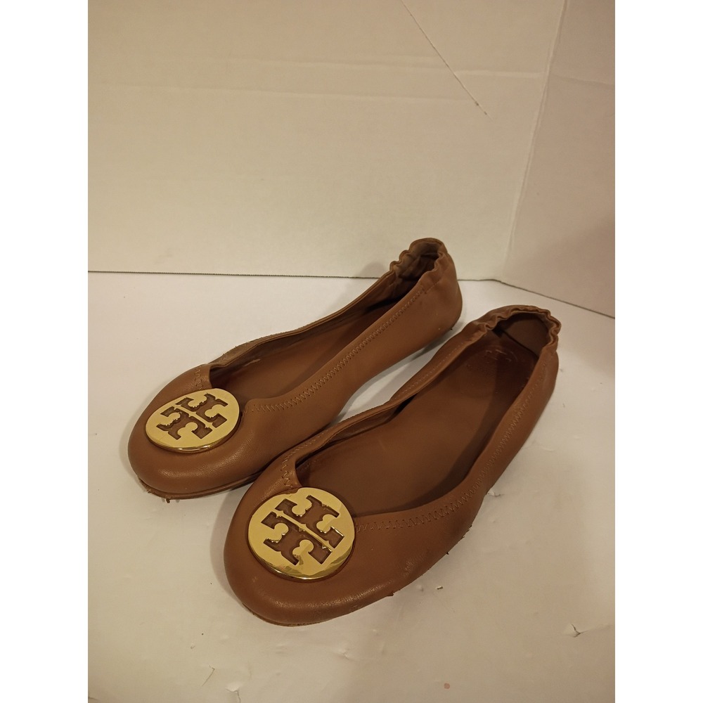 Tory Burch Reva Ballet Flats Tan Leather Gold Logo Medallion Scrunch Back Shoes